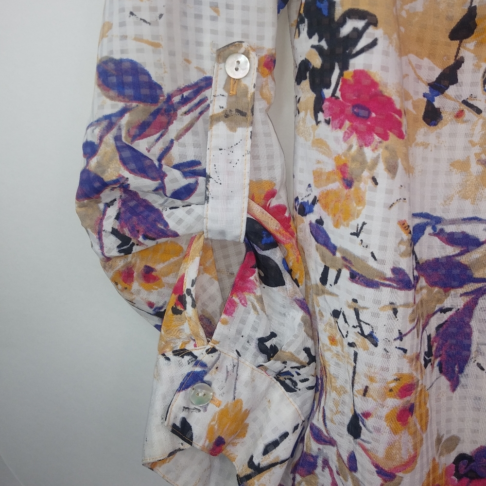 Kim Rogers LP Spring Floral Purple Red Gold Top L Petite - Picture 2 of 9